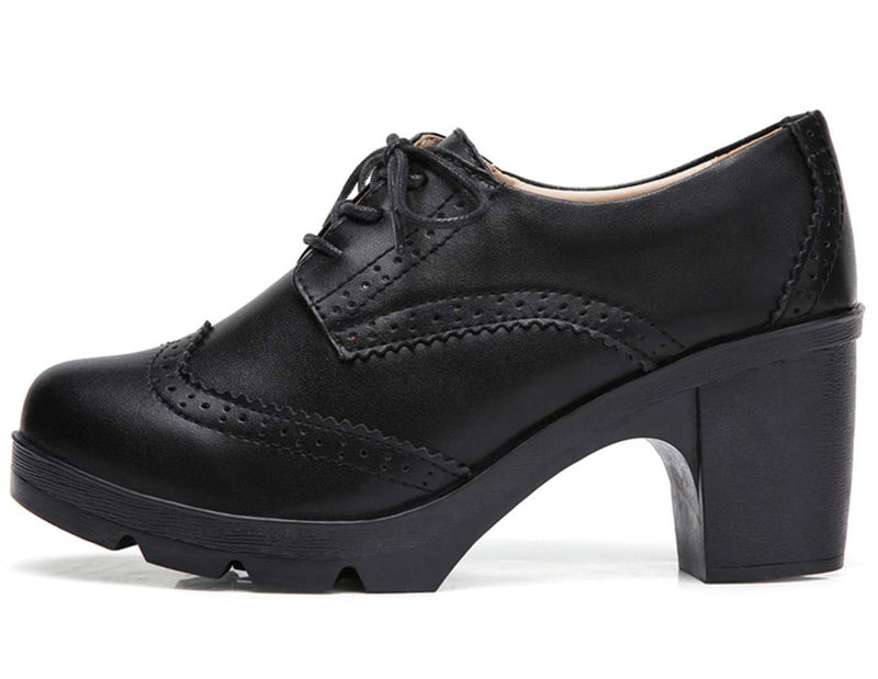 DADAWEN Women's Leather Classic Lace Up Platform Chunky Mid-Heel Square Toe Oxfords Dress Pump Shoes Black US Size 10 - Image 4